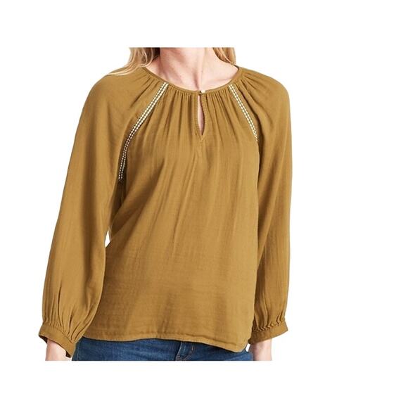 Old Navy Blouse Women L Golden Brown Relaxed Embroidered Stitch Boho Cottage Top - Picture 1 of 14